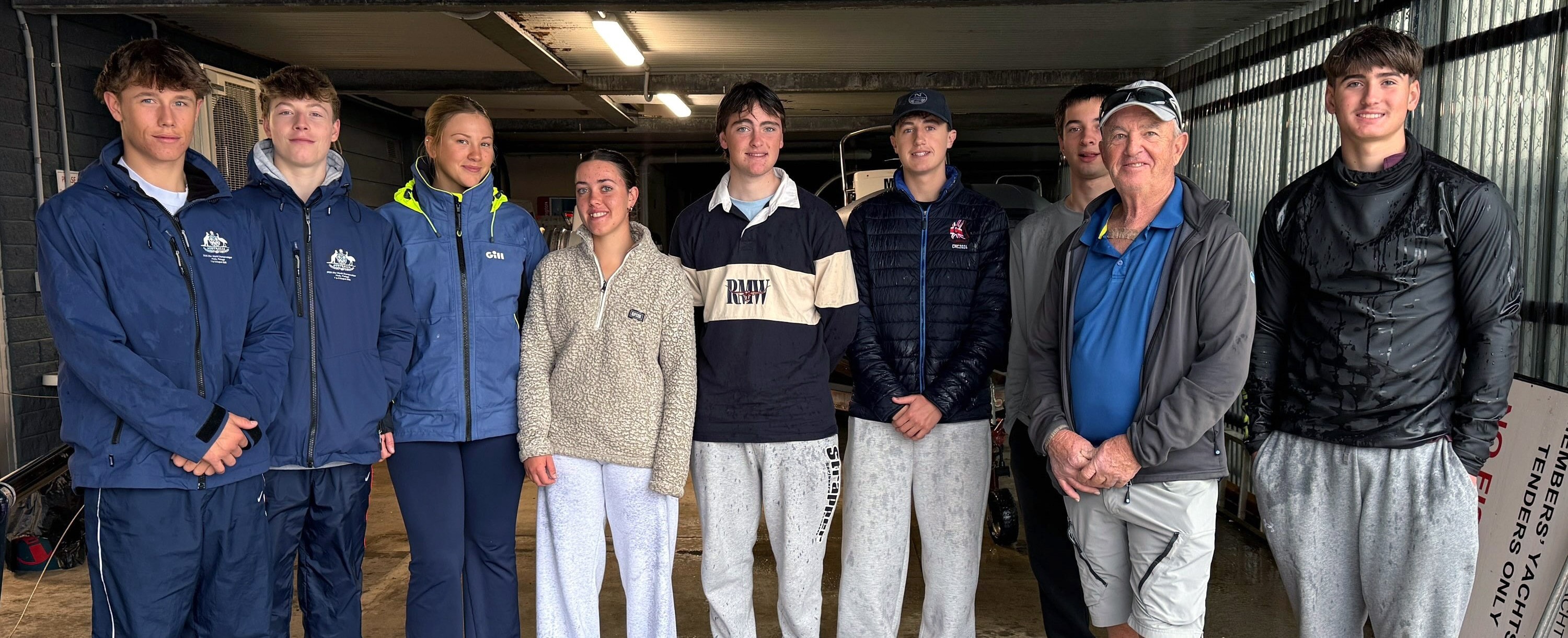 Victorian 29er sailors with coach Larry Cargill at Mornington Yacht Club winter training, May 2026